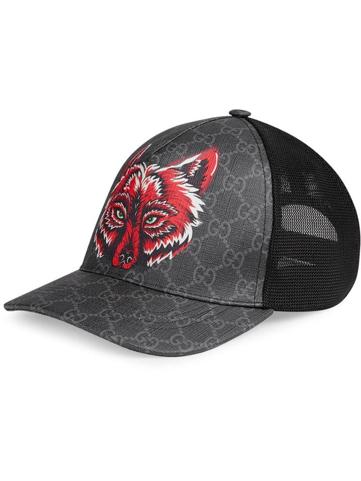 Gucci Gg Supreme Baseball Hat With Wolf - Black