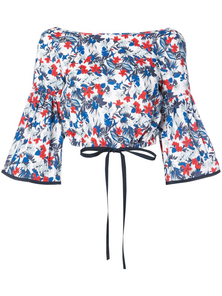 Milly Floral Print Off The Shoulder Cropped Blouse - Blue