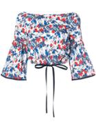 Milly Floral Print Off The Shoulder Cropped Blouse - Blue