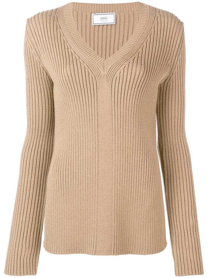 Ami Alexandre Mattiussi V Collar Rib Sweater - Brown