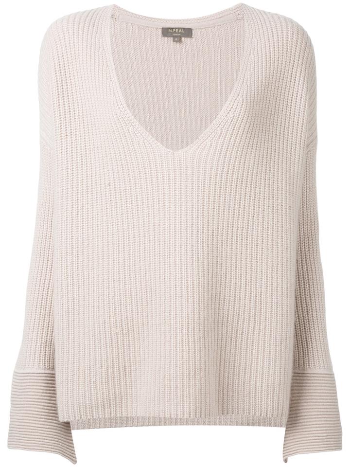 N.peal - Wide Sleeve Deep V Sweater - Women - Cotton/cashmere - S, Nude/neutrals, Cotton/cashmere