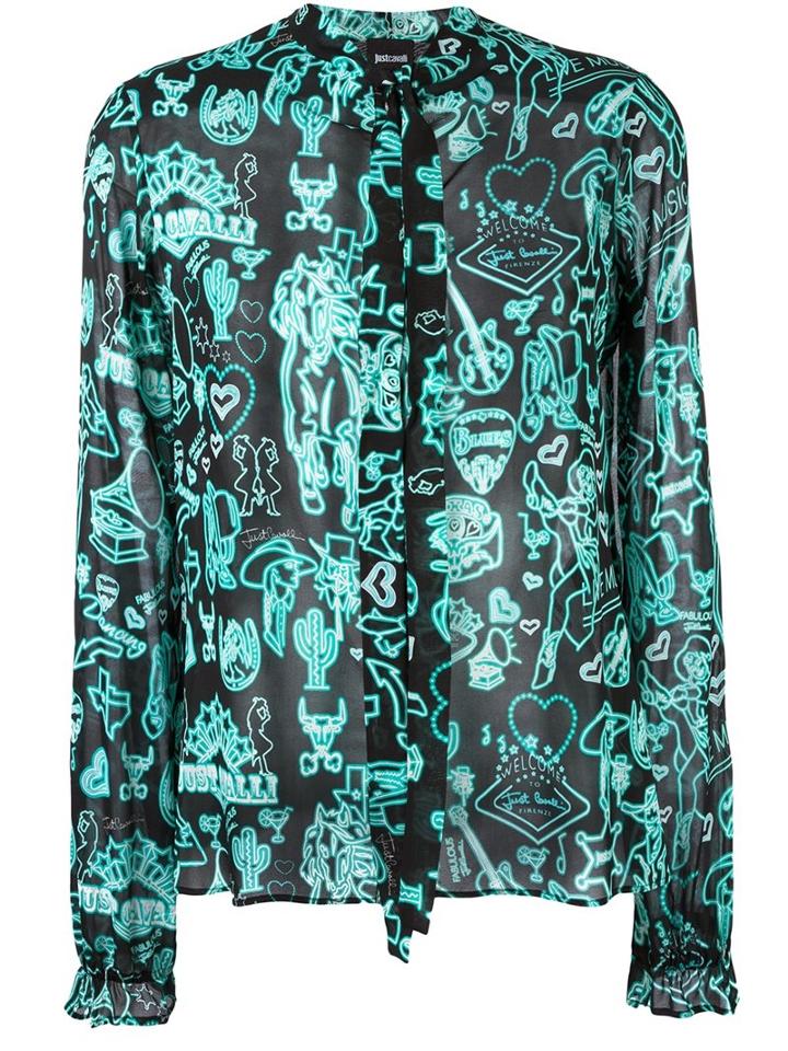 Just Cavalli Western Print Shirt, Women's, Size: 42, Green, Silk/polyester/spandex/elastane