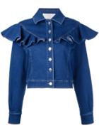 Sara Battaglia Ruffled Denim Jacket, Women's, Size: 44, Blue, Cotton/polyester/spandex/elastane