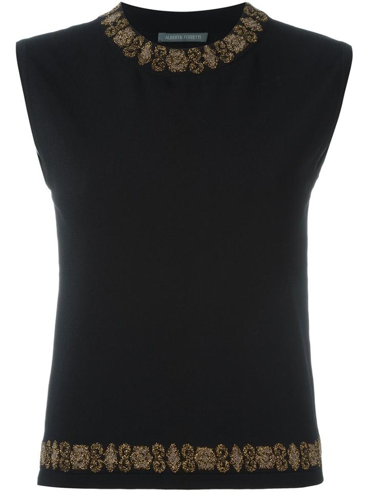 Alberta Ferretti Floral Jacquard-trimmed Top, Women's, Size: 42, Black, Polyester/rayon