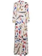 Navro White Silk Maxi Dress With Feather Print - Multicolour