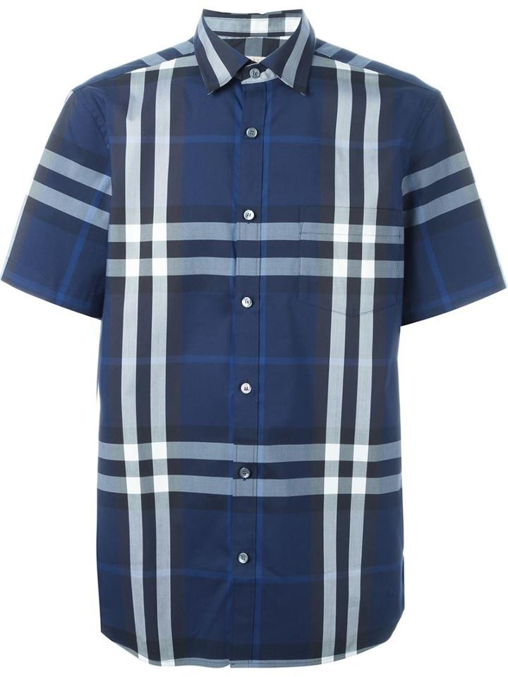 Burberry Plaid Print Shirt, Men's, Size: Xl, Blue, Cotton/polyamide/spandex/elastane
