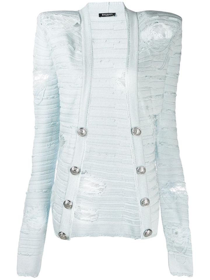 Balmain Square Shoulder Distressed-effect Knit Jacket - Blue