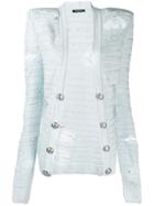 Balmain Square Shoulder Distressed-effect Knit Jacket - Blue
