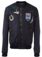 Dolce & Gabbana Patch Bomber Jacket, Men's, Size: 50, Blue, Polyamide/sheep Skin/shearling/polyester
