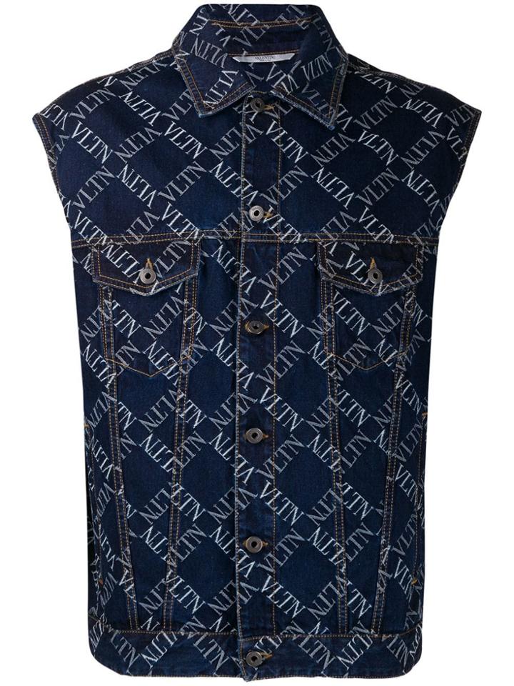 Valentino Vltn Grid Embroidered Denim Gilet - Blue