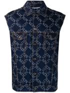 Valentino Vltn Grid Embroidered Denim Gilet - Blue