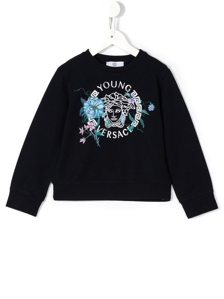 Young Versace Medusa Floral Embroidered Sweatshirt, Girl's, Size: 10 Yrs, Blue