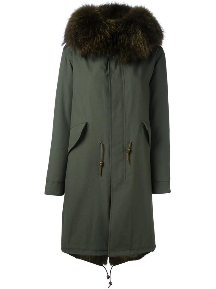 Furs66 Fur Trim Paneled Coat, Women's, Size: 40, Green, Rabbit Fur/racoon Fur/cotton/polyester