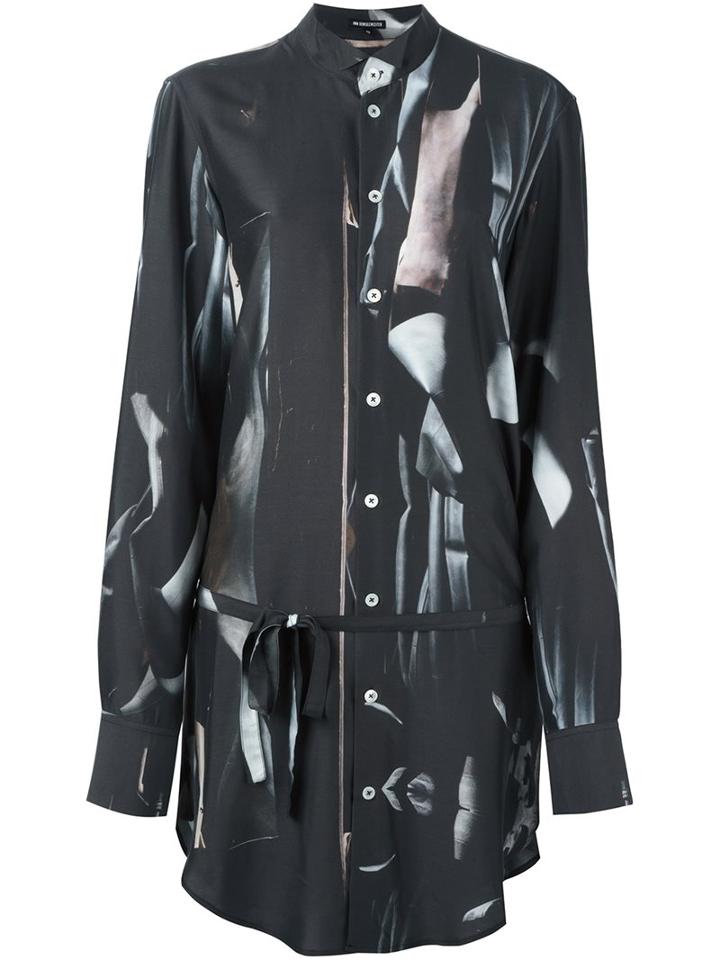 Ann Demeulemeester Long Printed Shirt, Women's, Size: 40, Black, Silk/rayon