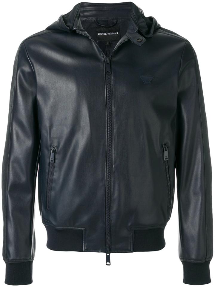 Emporio Armani Faux Leather Hooded Jacket - Blue