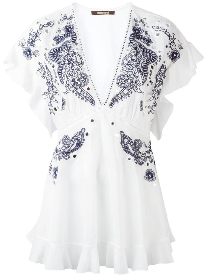Roberto Cavalli Embroidered T-shirt, Women's, Size: 38, White, Cotton