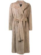 Blancha Tie Waist Fur Jacket - Nude & Neutrals