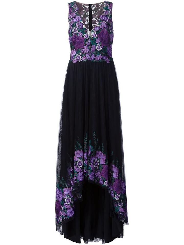 Marchesa Notte Embroidered Flower Gown, Women's, Size: 8, Black, Nylon