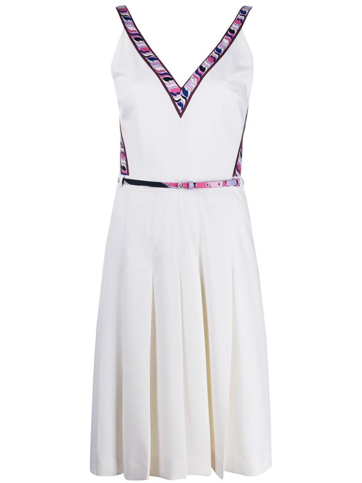 Emilio Pucci Printed Trim V-neck Belted Dress - White