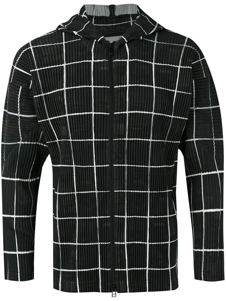 Homme Plissé Issey Miyake - Checked Ribbed Zipped Hoodie - Men - Polyester - M, Black, Polyester