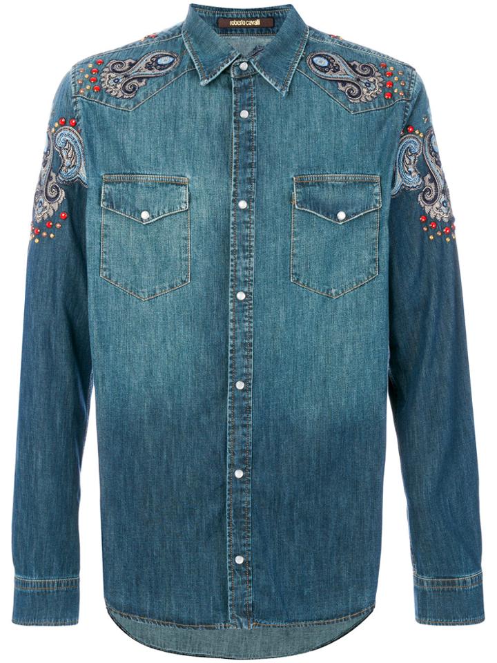 Roberto Cavalli Patch Embellished Denim Shirt - Blue