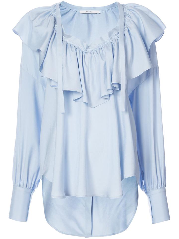 Tome - Ruffled V-neck Blouse - Women - Silk - M, Blue, Silk