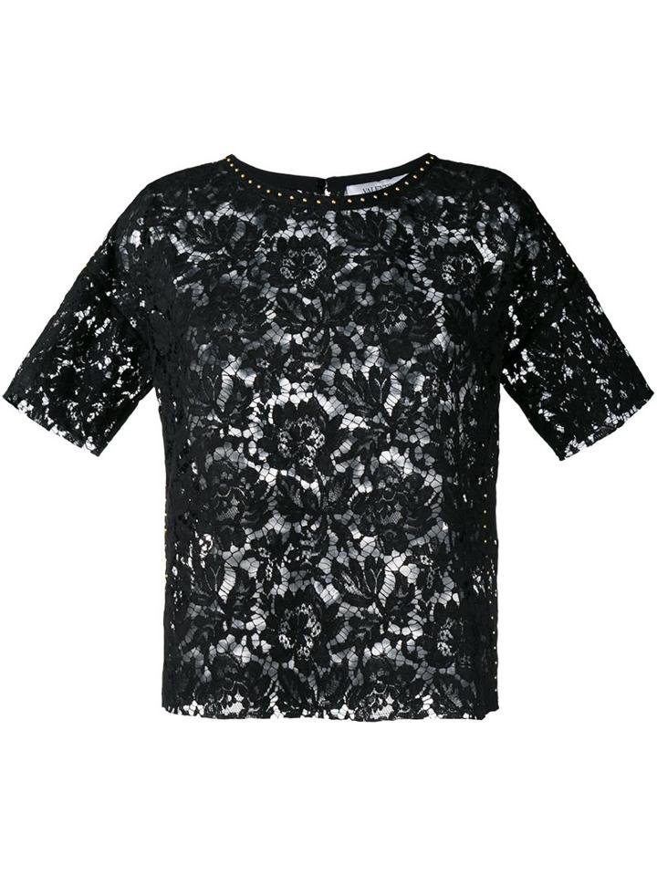 Valentino Studded Heavy Lace Top, Women's, Size: 46, Black, Cotton/viscose/polyamide