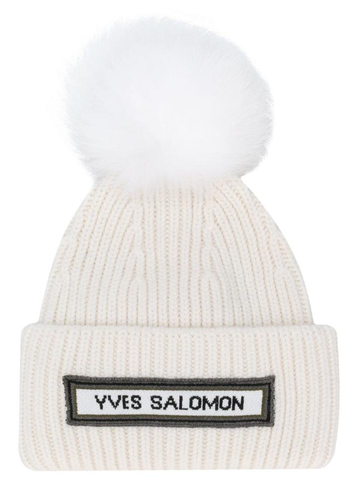 Yves Salomon Ribbed Pom Pom Beanie - White