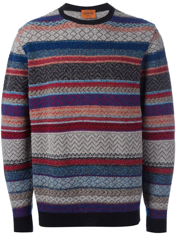 Missoni Striped Crew Neck Pullover, Men's, Size: 52, Nylon/camel Hair/wool/alpaca