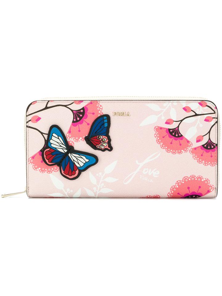 Furla Butterfly Applique Logo Printed Floral Wallet - Pink & Purple
