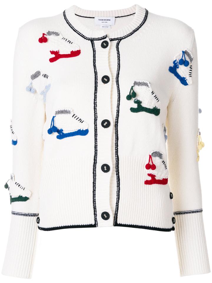 Thom Browne Classic Crewneck Cardigan With Crochet Ice Skate Applique