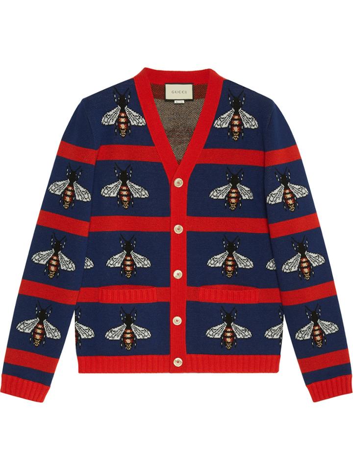 Gucci Bee Jacquard Wool Cardigan - Blue