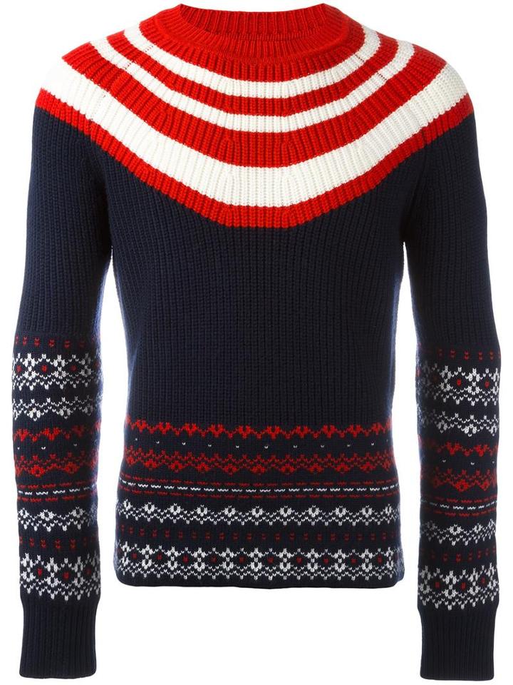 Neil Barrett Fair Isle Striped Jumper, Men's, Size: Large, Blue, Wool