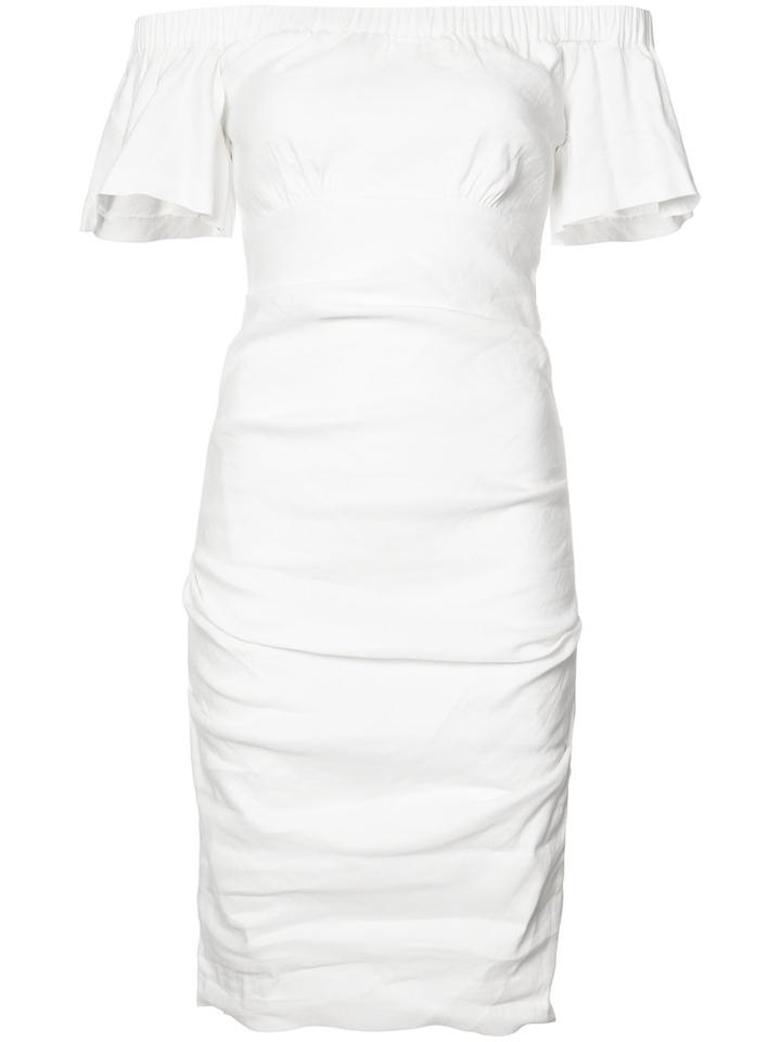Nicole Miller Off-shoulders Fitted Dress, Women's, Size: 4, White, Polyester/spandex/elastane/linen/flax/viscose