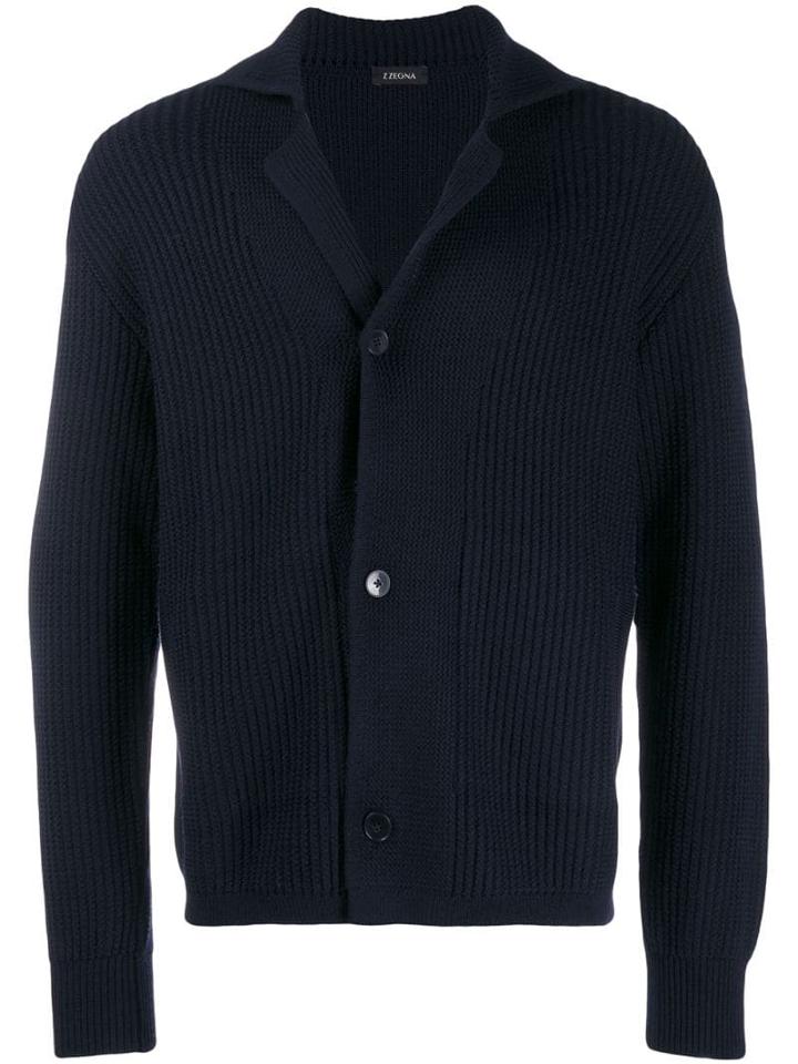 Z Zegna Ribbed Long Sleeve Cardigan - Blue