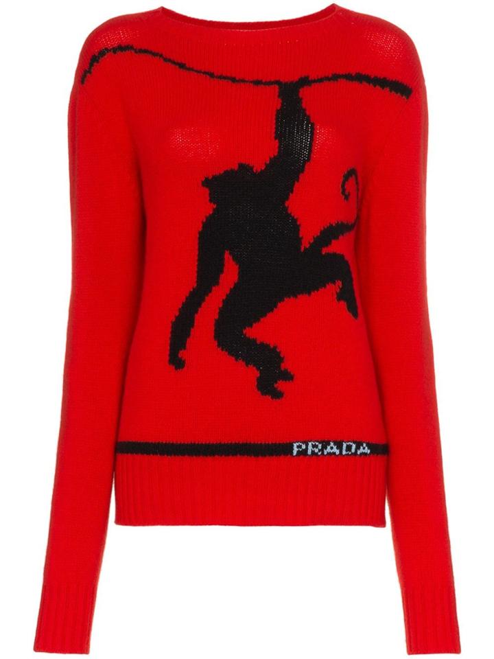 Prada Monkey Intarsia Wool Cashmere Blend Jumper - Red