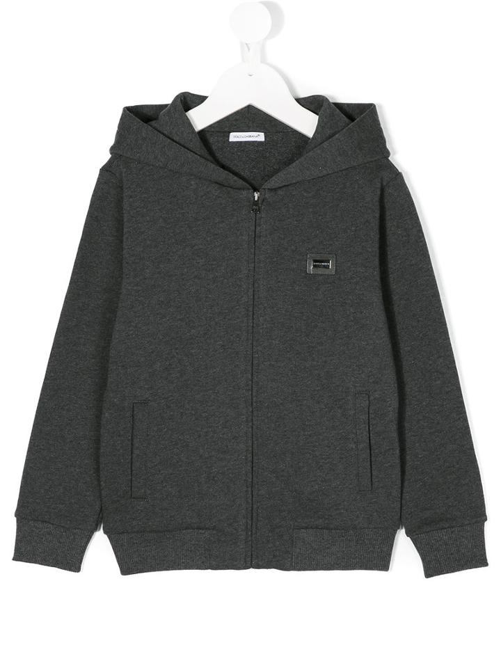 Dolce & Gabbana Kids - Zip-up Hooded Sweatshirt - Kids - Cotton/calf Leather/zamac - 10 Yrs, Grey