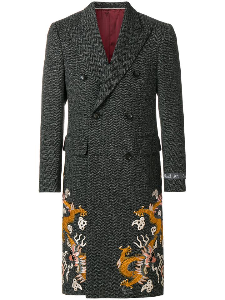 Gucci Herringbone Coat With Dragons - Black