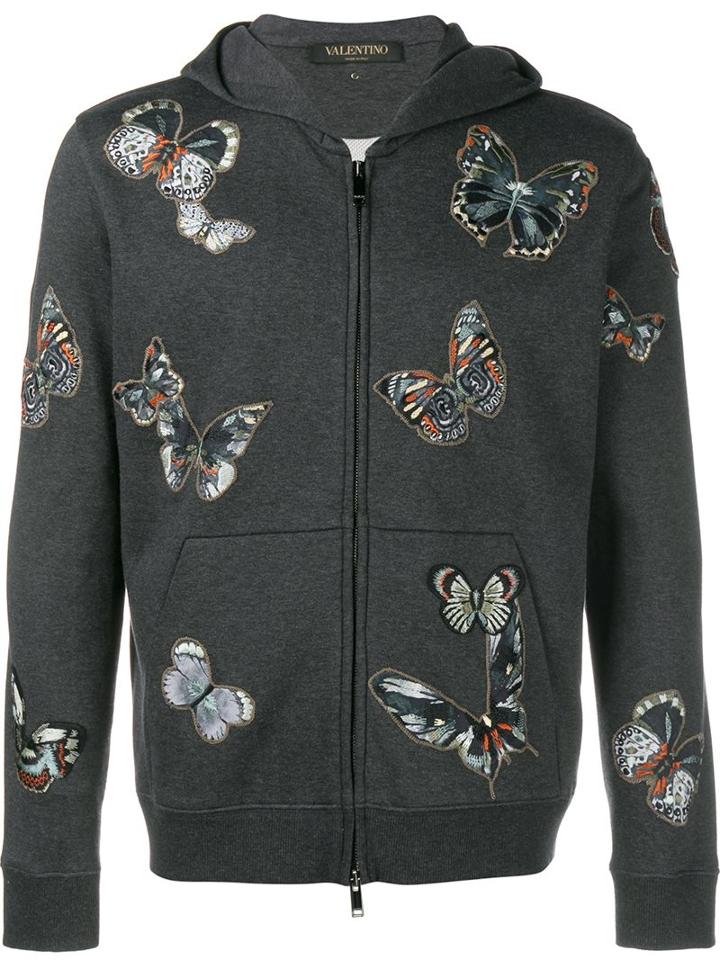 Valentino Embroidered Butterfly Pattern Hoodie, Men's, Size: Small, Grey, Cotton/polyamide/viscose