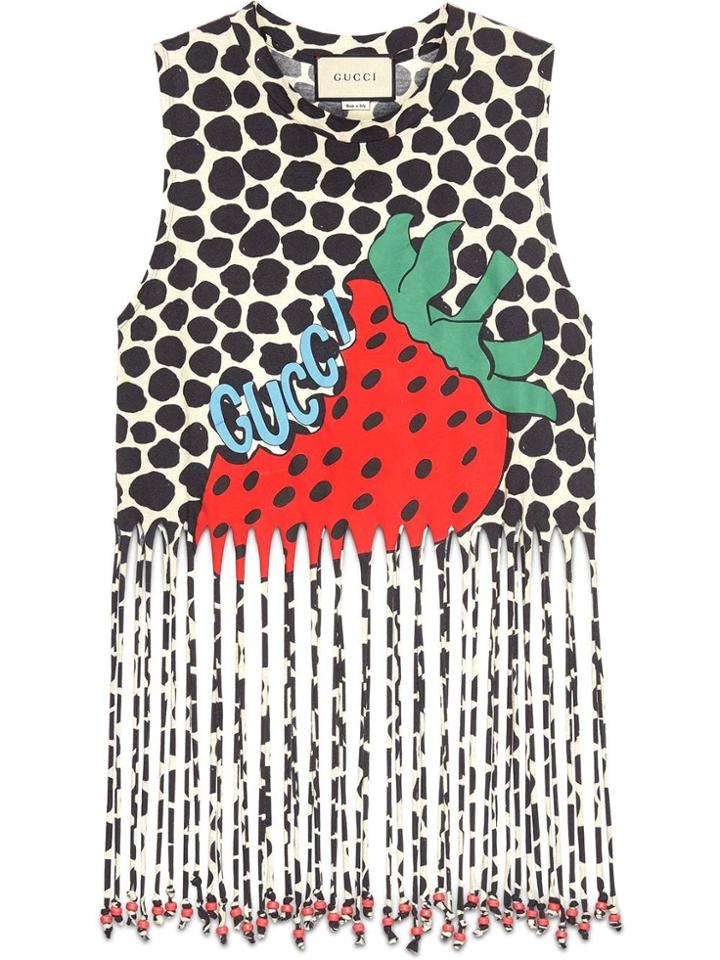 Gucci Fringe Tank With Gucci Strawberry Print - Neutrals