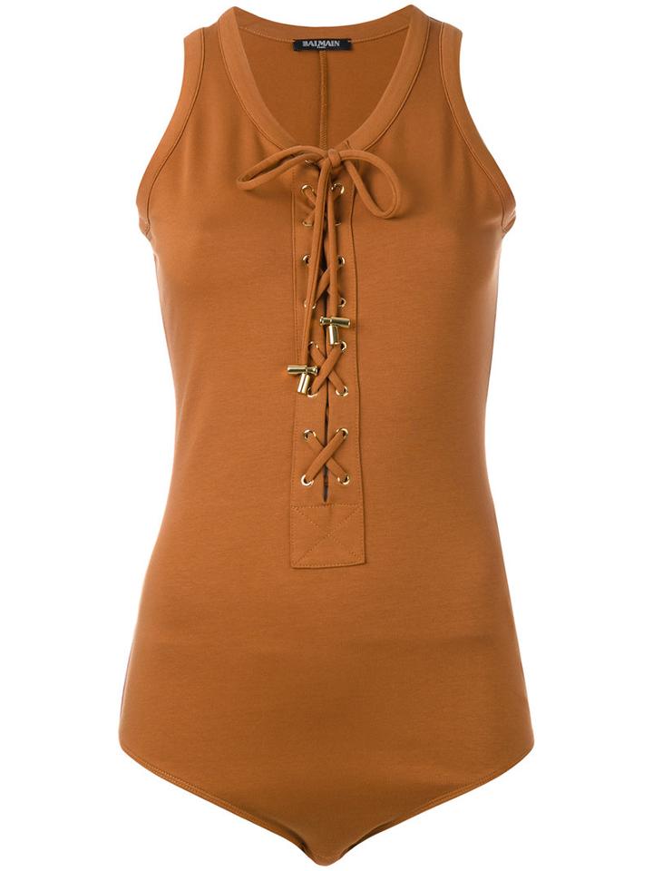 Balmain - Lace-up Body - Women - Cotton/spandex/elastane - 38, Women's, Brown, Cotton/spandex/elastane