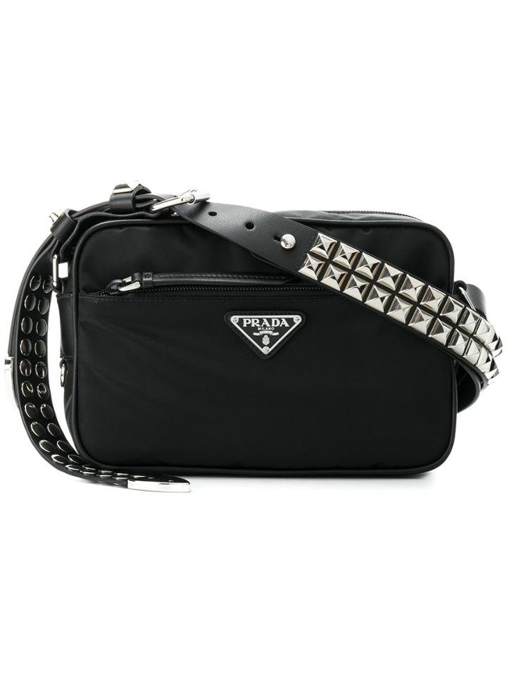 Prada Studded Strap Textile Shoulder Bag - Black