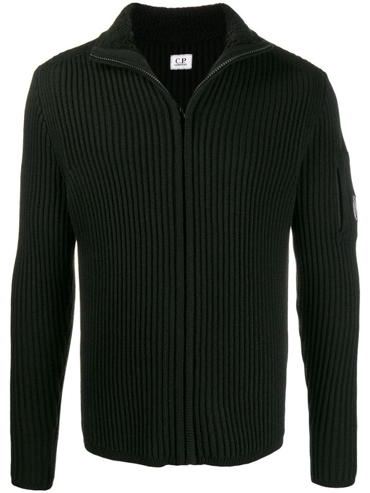Cp Company Lens Ribbed-knit Cardigan - Black