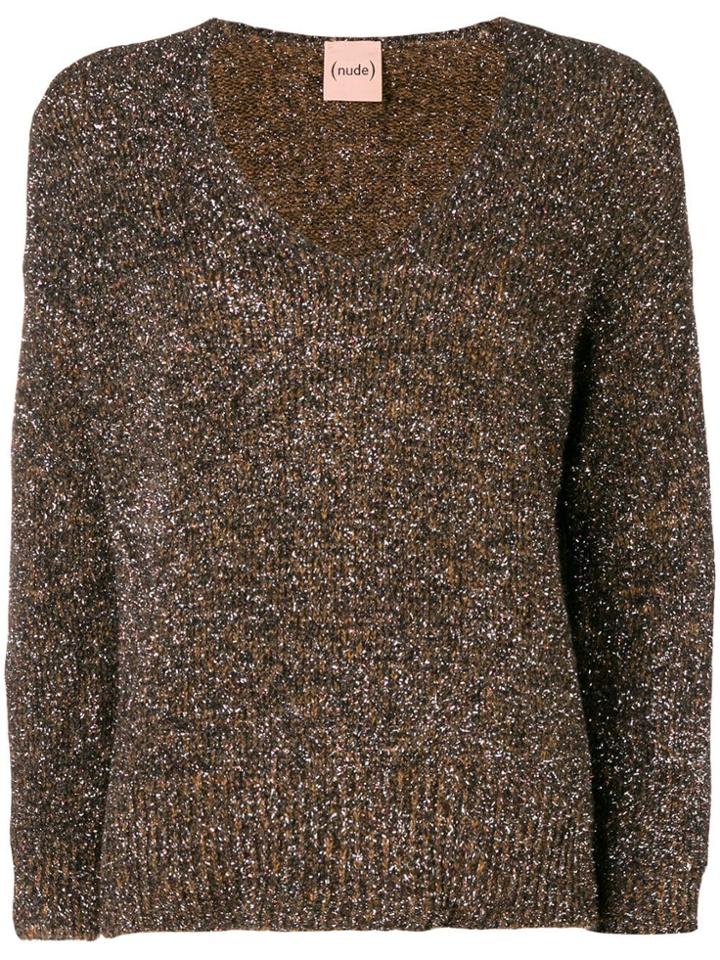 Nude V-neck Shimmer Jumper - Brown