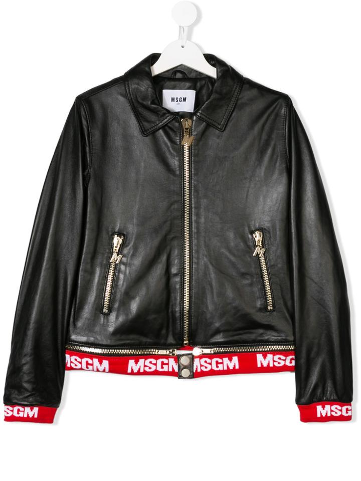 Msgm Kids Teen Logo Trim Biker Jacket - Black