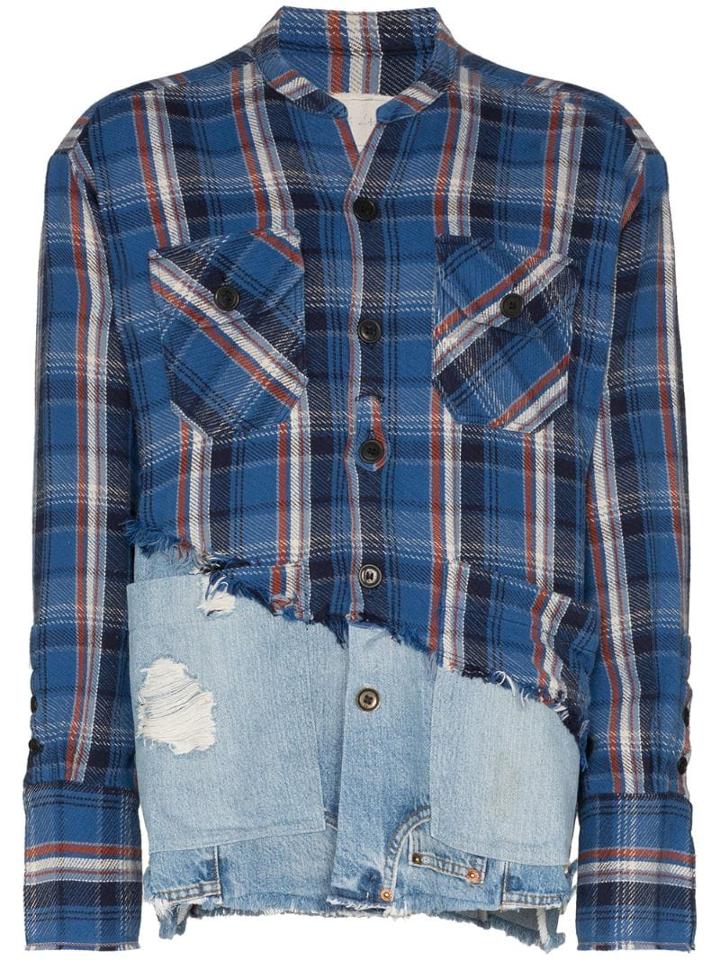 Greg Lauren Check Denim Hybrid Shirt - Blue