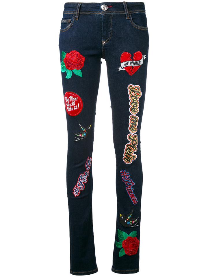 Philipp Plein - 'teddy Boss' Patched Skinny Jeans - Women - Cotton/polyester/spandex/elastane - 27, Blue, Cotton/polyester/spandex/elastane