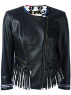 Bazar Deluxe Fringed Biker Jacket, Women's, Size: 40, Black, Silk/cotton/leather