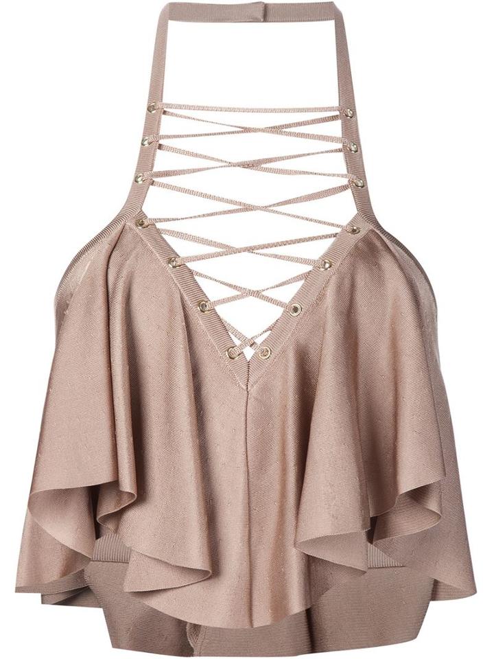 Balmain Ruffle Cropped Top, Women's, Size: 38, Brown, Viscose/polyamide/spandex/elastane