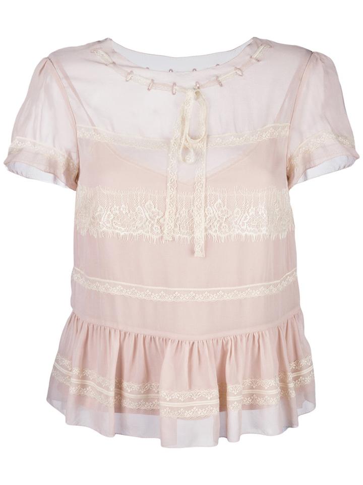 Red Valentino - Lace Insert Shortsleeved Blouse - Women - Polyamide/polyester - 40, Pink/purple, Polyamide/polyester